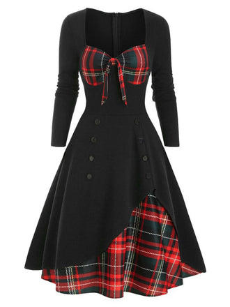 1950ER LANGE ÄRMEL PATCHWORK PLAID KLEID