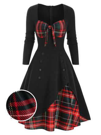 1950ER LANGE ÄRMEL PATCHWORK PLAID KLEID