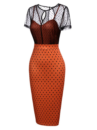 ORANGE VINTAGE KURZARM DOT PENCIL KLEID