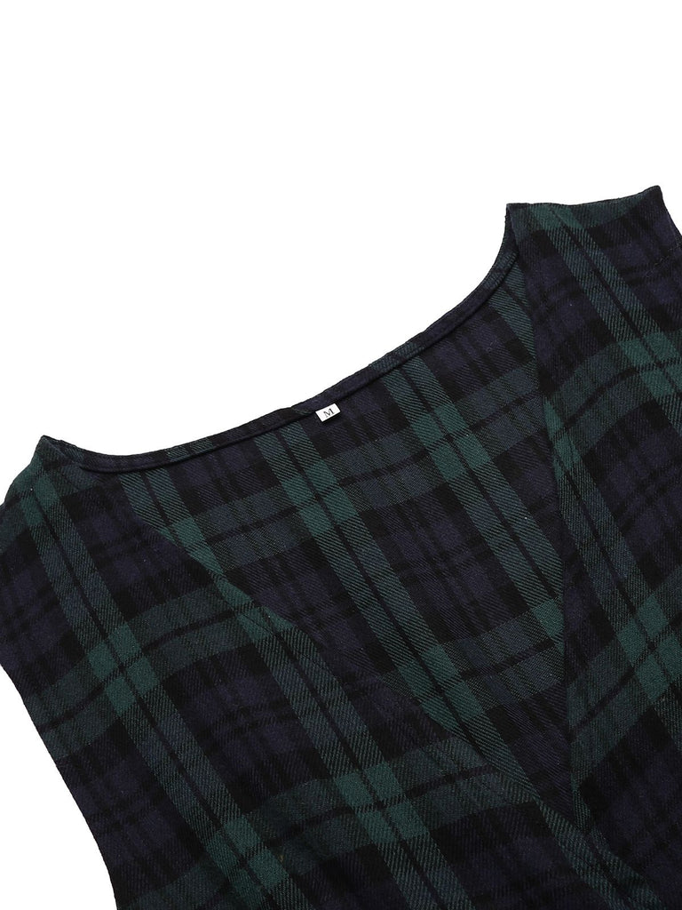 1950ER PLAID ÄRMELLOS V-AUSSCHNITT KLEID