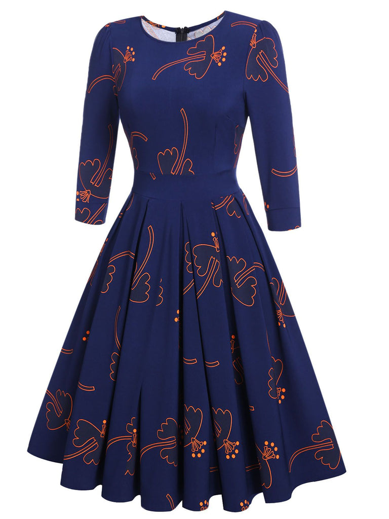 MARINEBLAU SCHMETERRLING 3/4 ÄRMEL SWING KLEID