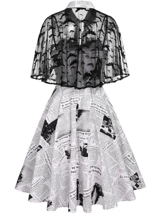 Weiß 1950er Halloween Fledermaus Kap Swing Kleid