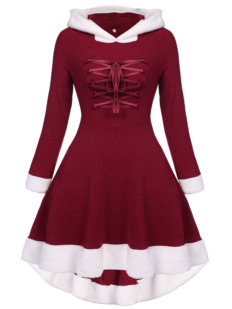 PELZIGES PATCHWORK EINFARBIGES SCHNÜRKLEID