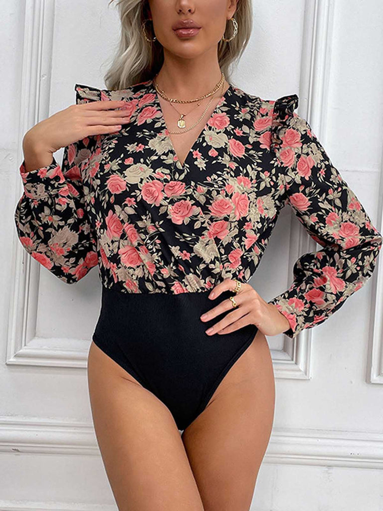 TIEFER V-AUSSCHNITT BODYSUIT MIT ROSENDRUCK