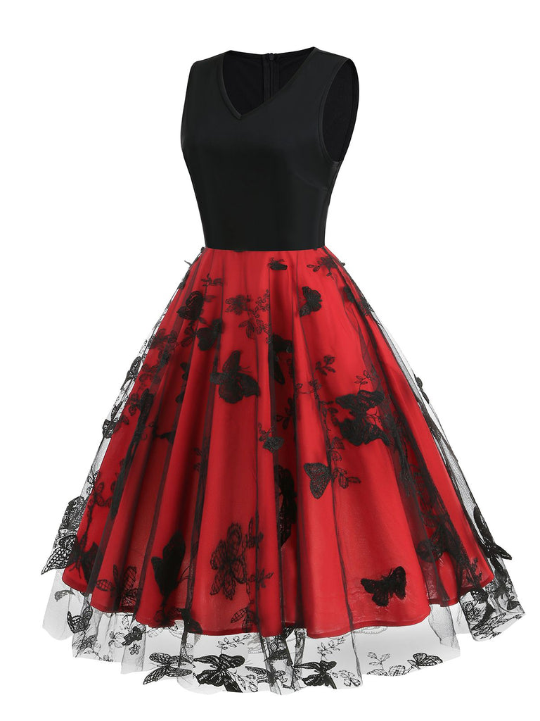 1950ER SCHMETTERLING BESTICKTES NETZ PATCHWORK KLEID