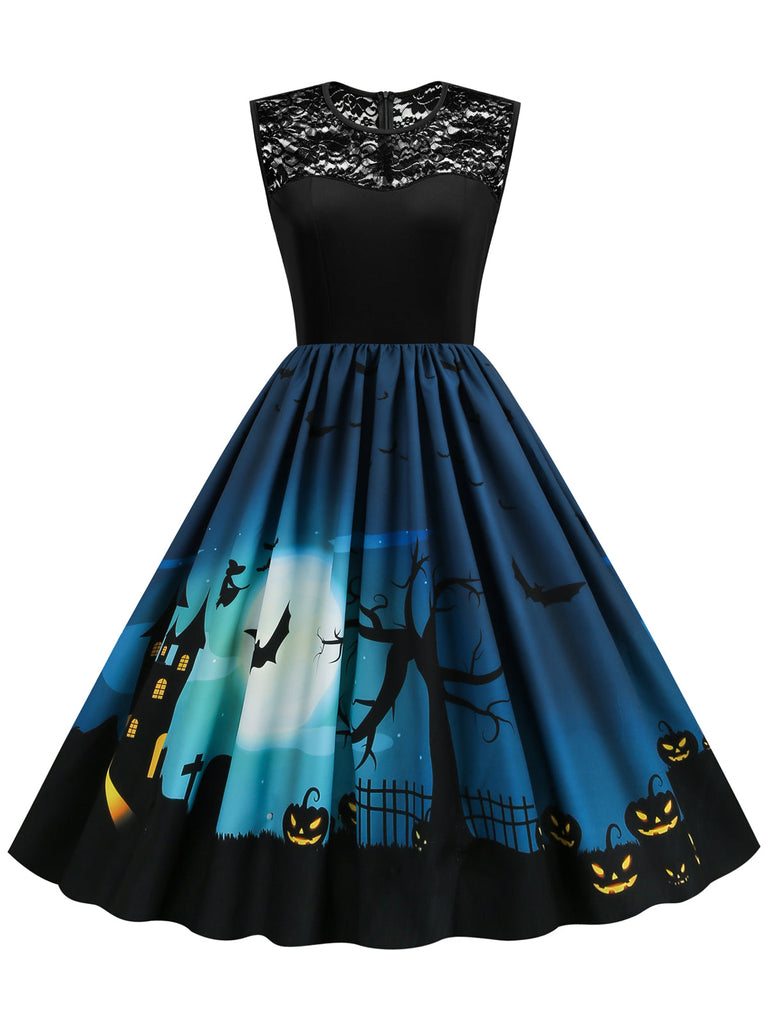 Marineblaues 1950er Halloween Spitzen Patchwork Kleid
