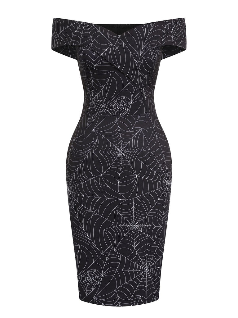 Schwarzes 1960er schulterfreies Spinnennetz Kleid
