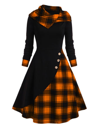 Schwarz & Orange 1950er Weihnachten Plaids Kapuzenkleid