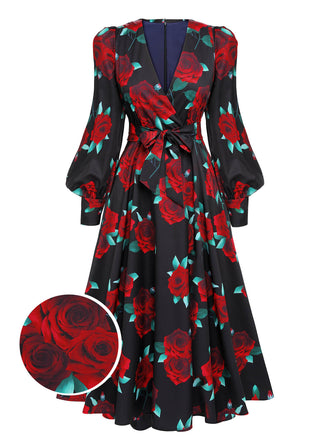 [Vorverkauf] Schwarz 1940er Rosen Laternenärmel Schnürung Kleid