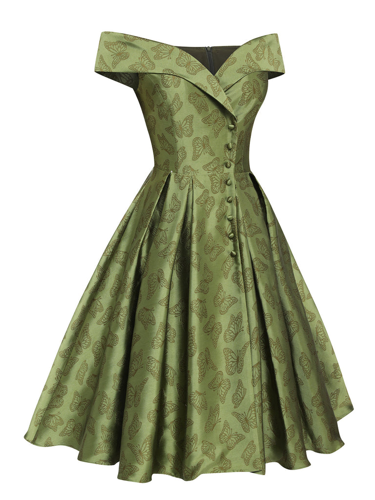 1950ER GRÜNES SCHULTERFREIES VINTAGE Schmetterling KLEID