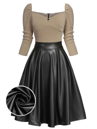 KHAKIFARBENES STRICKLEDER PATCHWORK KLEID