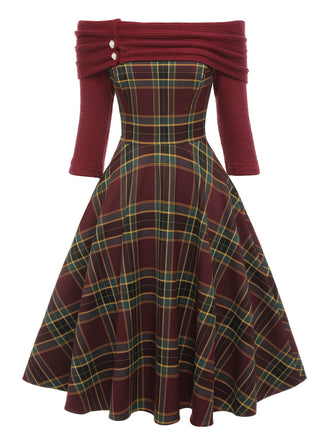 [Vorverkauf] Weinrot 1950er Plaids Schulterfrei Kleid