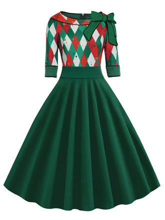 Grün 1950er Weihnachten Plaid Patchwork Kleid