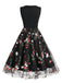 Schwarzes 1950er Blumenbesticktes Patchwork-Kleid