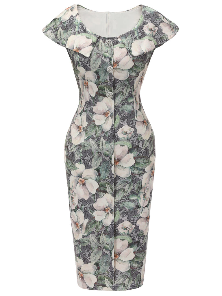 1950er Floral Revers Einreihiges Bleistiftkleid