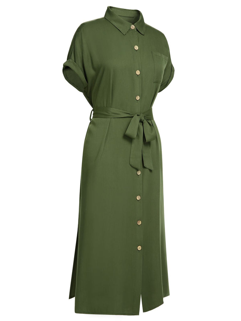 Grünes 1940er Solid Belted Slit Kleid