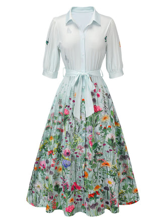 Hellblau 1940er Blumen Hemdkragen Gürtel Kleid