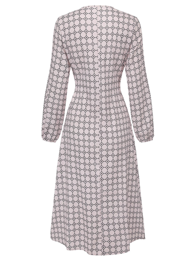 Apricot 1940er Geometrisches Kleid mit tiefem V-Ausschnitt
