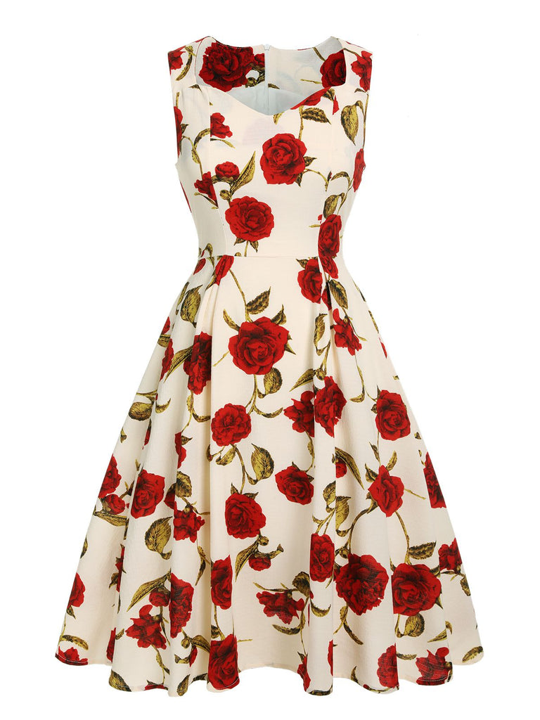 1950er Florales ärmelloses Kleid Mit Herzkragen