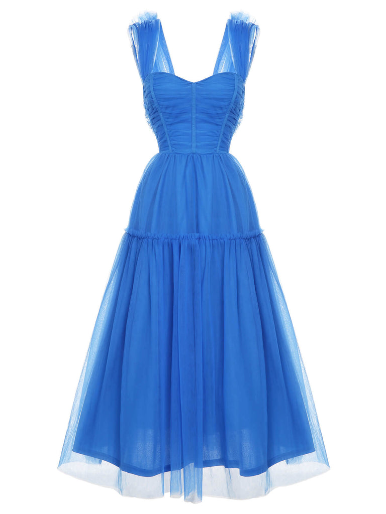 1950S Blaues ärmelloses Kleid aus festem Netz