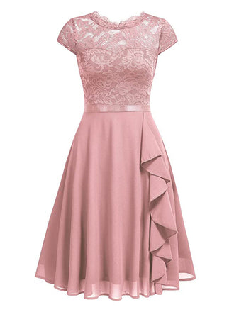 1950er Solides Spitzen Rundhals Patchwork Kleid