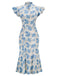 Blaues 1930er Rüschen Fischschwanzkleid Mit Blumen