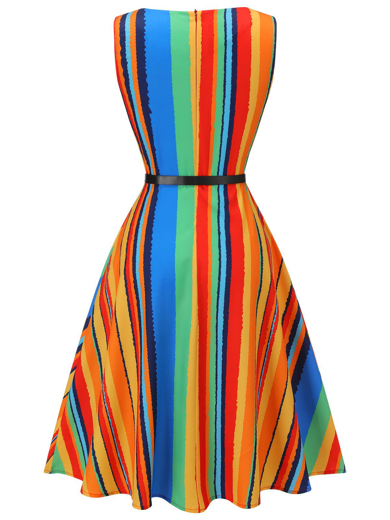 Mehrfarbige 1950er Streifen Crew-Kleid mit Gürtel