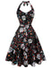 Schwarzes Neckholder-Kleid mit Totenkopf-Blumenmuster aus den 1950er