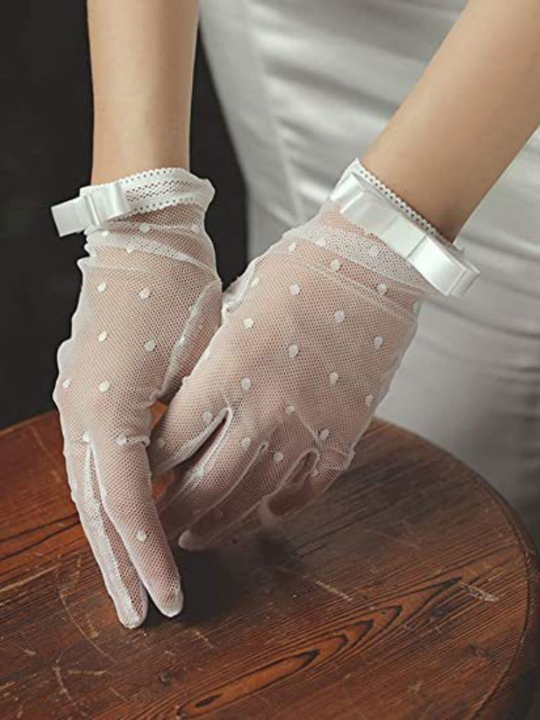 Schwarz Schleife Knoten Tupfen Netz Handschuhe