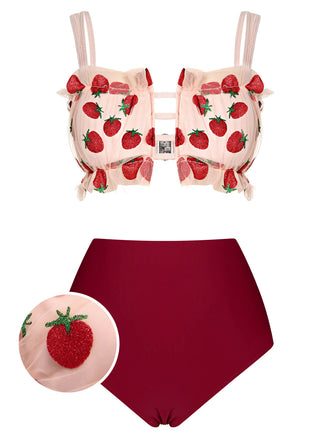 Roter 1940er Erdbeer Netzband Badeanzug
