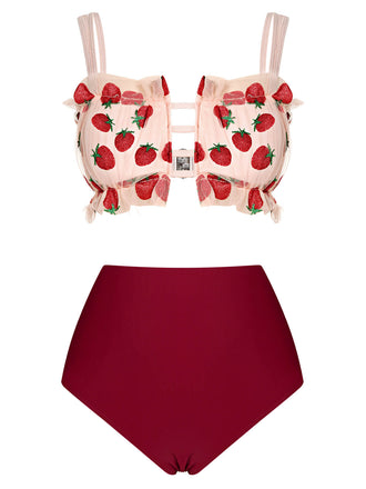 Roter 1940er Erdbeer Netzband Badeanzug