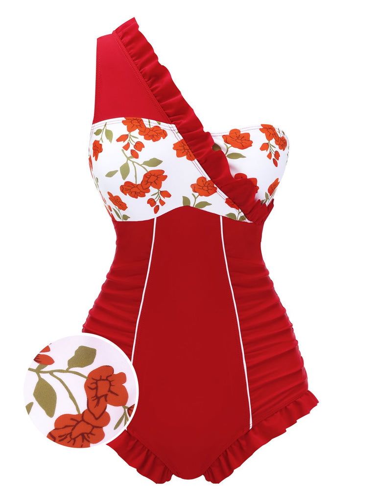 1950er One-shoulder Ruffle Badeanzug