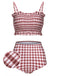 Roter Badeanzug mit karierten Trägern und Rüschen aus den 1940ern