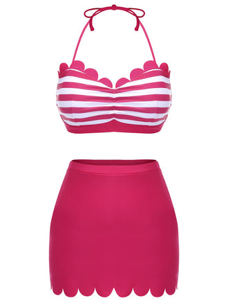 Rosafarbenes Neckholder Bikini Set mit 1940er Streifen