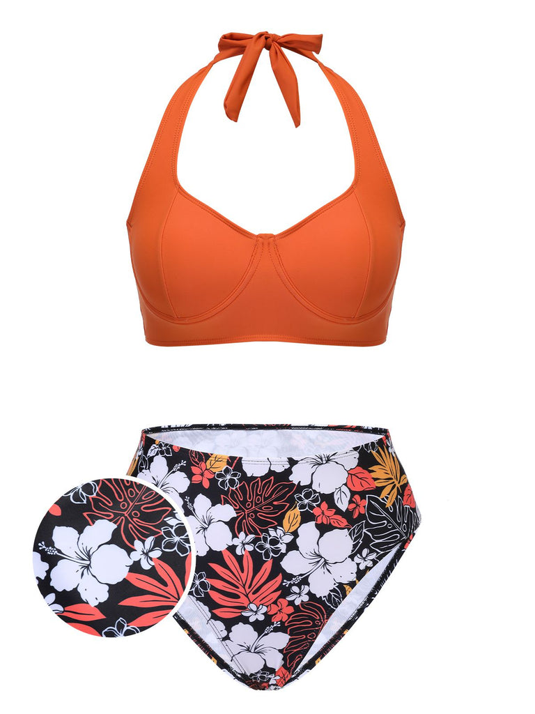 2PCS Orange 1960er Floral Halter Badeanzug & Cover-up