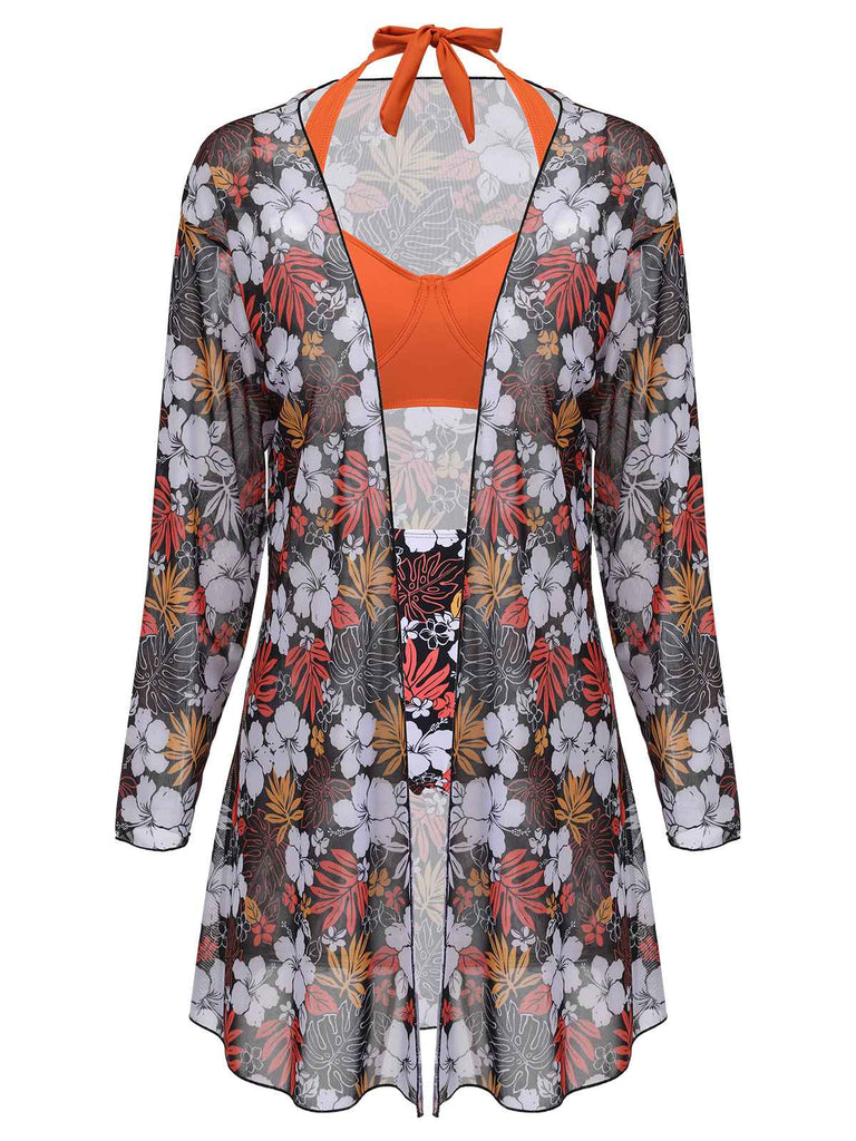 2PCS Orange 1960er Floral Halter Badeanzug & Cover-up