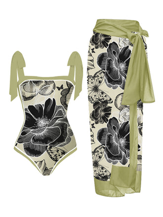 Grün 1950er Ink Floral Halter Badeanzug Einteilig