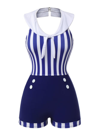 Marineblau 1950er Kragen Gestreifter Navy Badeanzug