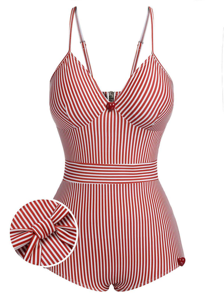 Rot 1940er Streifen Spaghetti Trägern Einteiliger Badeanzug