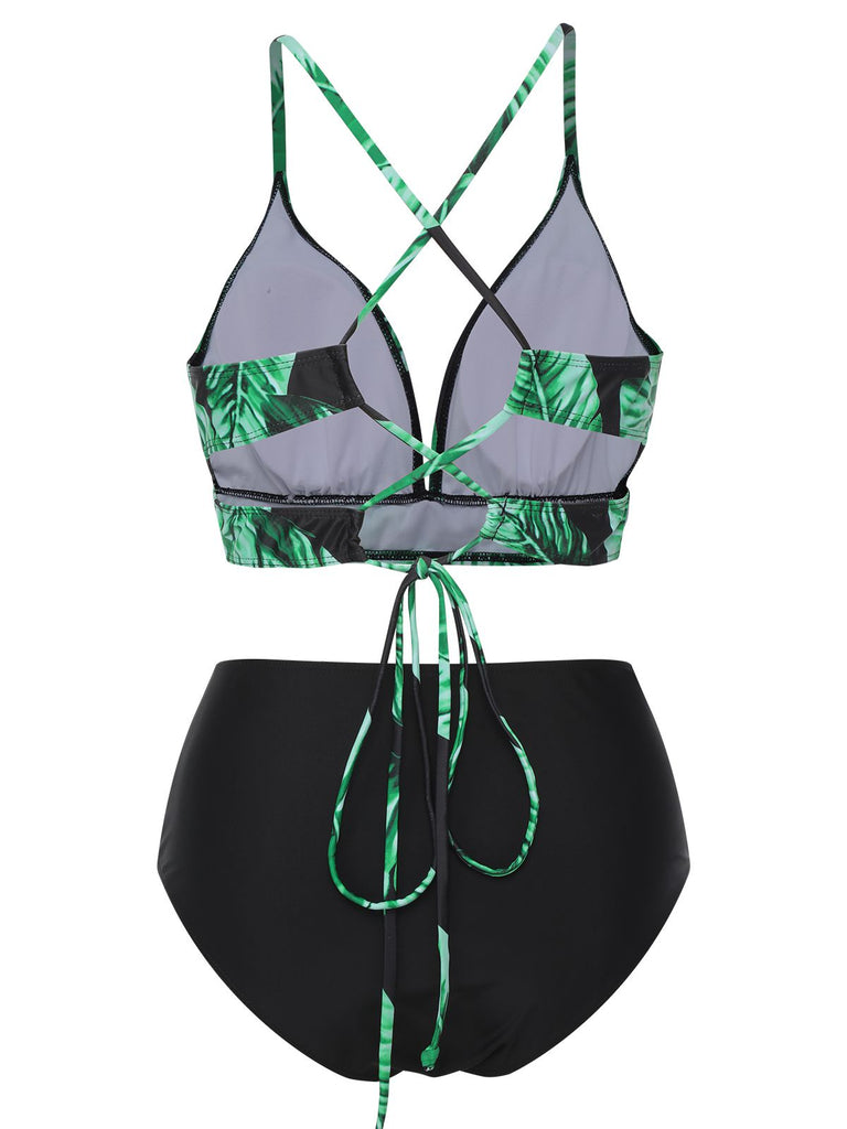[Übergröße] 1930er Grün Blätter V-Ausschnitt Riemen Bikini Set