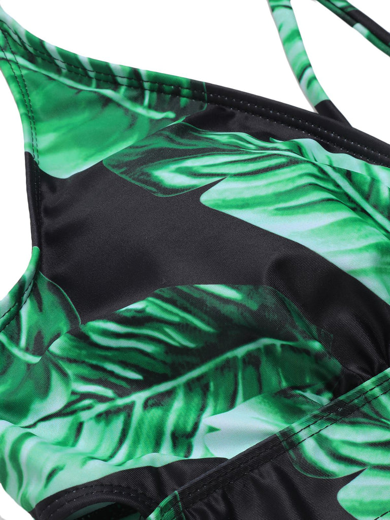 [Übergröße] 1930er Grün Blätter V-Ausschnitt Riemen Bikini Set