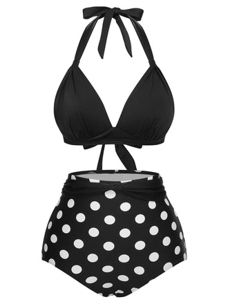 1950er Halter Kontrast Polka Dots Badeanzug
