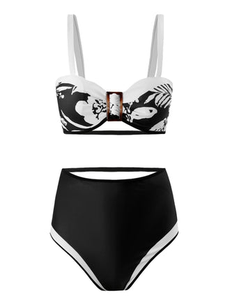 1940er Blumen Kontrast Patchwork Riemen Badeanzug