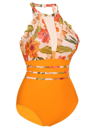 Orange 1960er Halter Blumen Einteiliger Badeanzug