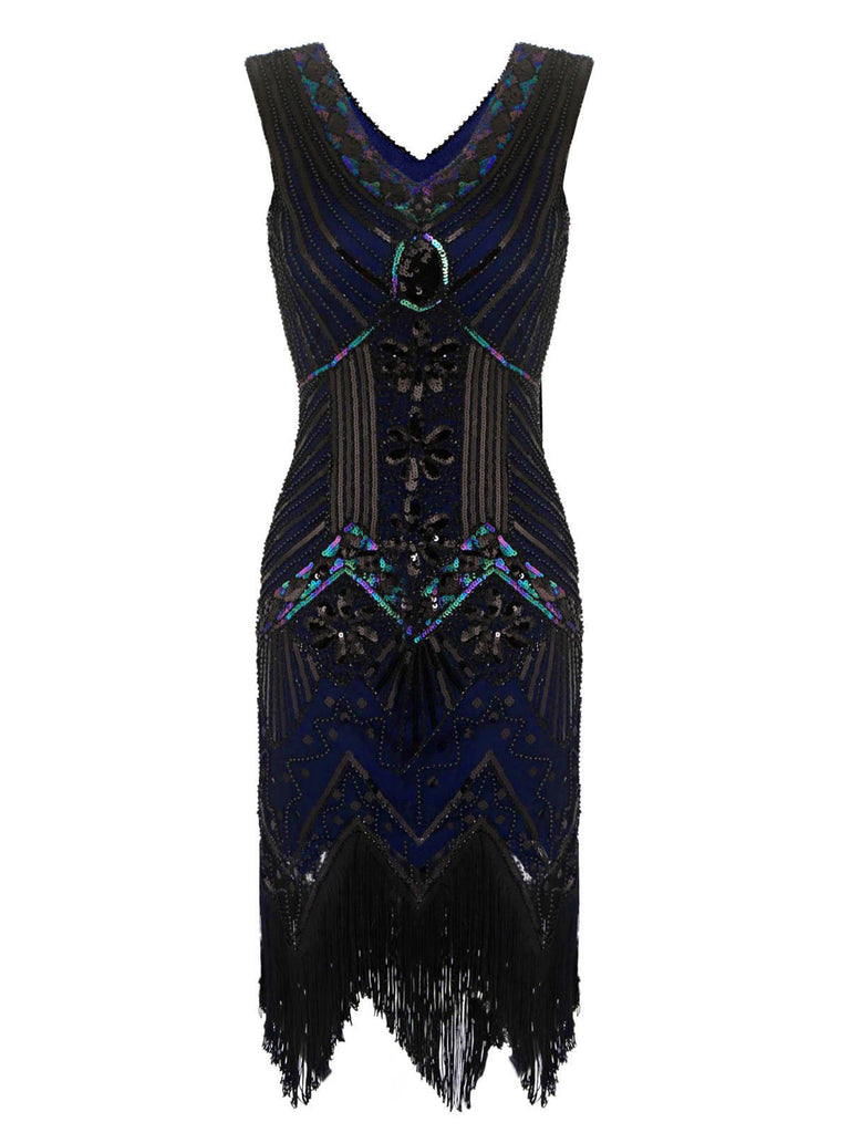 BLAU 1920ER PERLEN PAILLETTEN FRANSEN FLAPPER KLEID