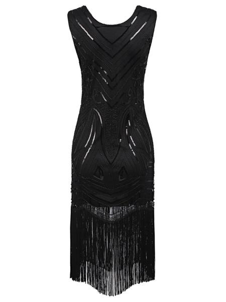 SCHWARZ 1920ER FRANSEN PERLEN VINTAGE KLEID