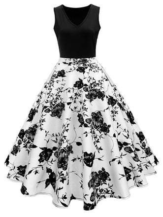 WEIß 1950ER BLUMENDRUCKEN GROßE GRÖßE KLEID