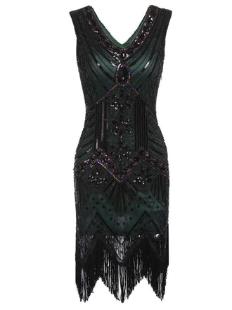 DUNKELGRÜN 1920ER VINTAGE PAILLETTEN FRANSE FLAPPER KLEID