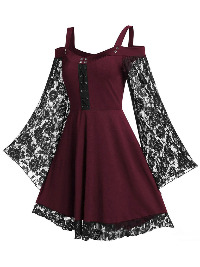 SCHWARZ SPITZE SPAGHETTI SWING KLEID