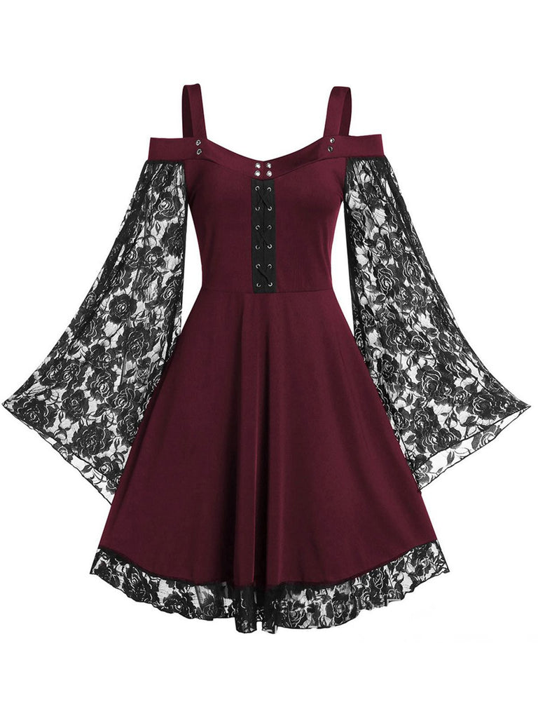 SCHWARZ SPITZE SPAGHETTI SWING KLEID